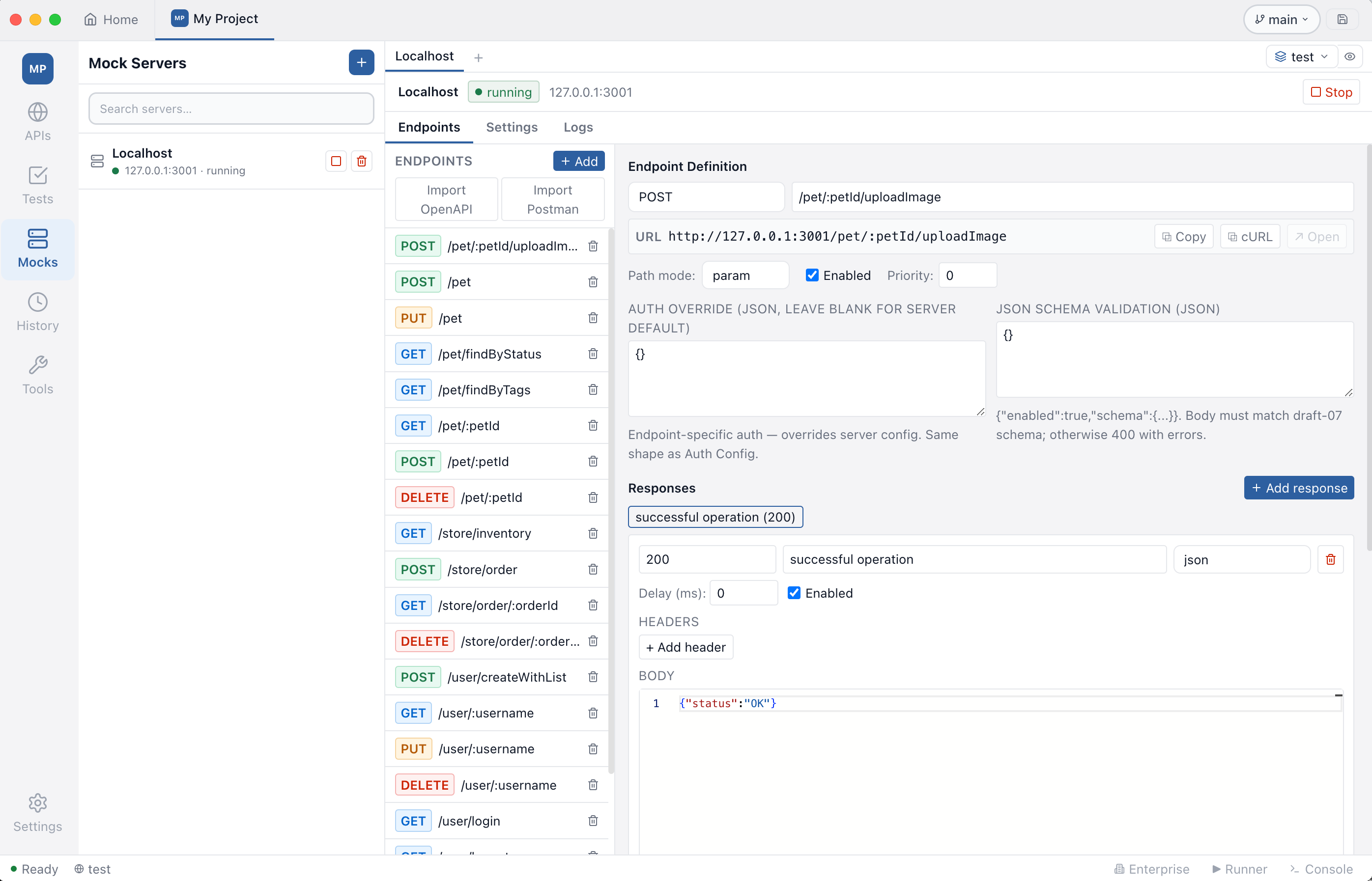 Testnizer Mock Server — endpoints panel with full URL bar, condition / script editors, and live response preview
