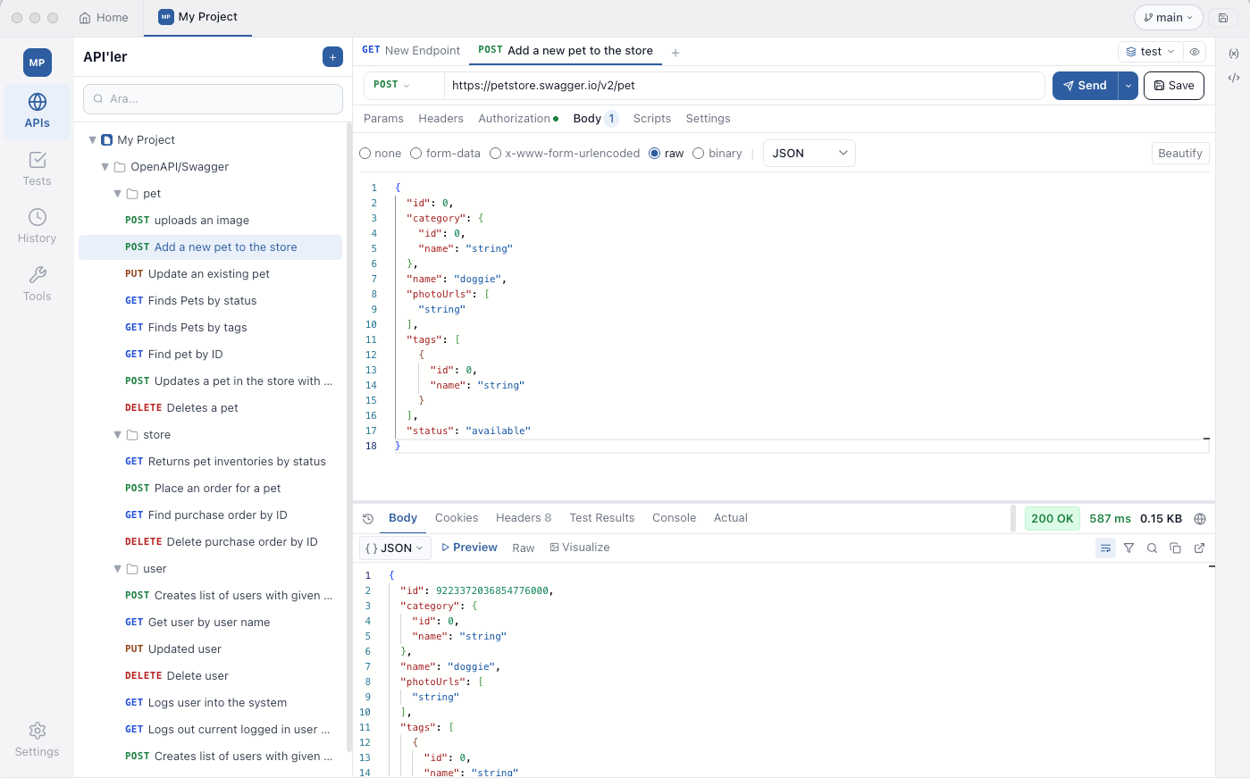 Testnizer running with the Swagger Petstore OpenAPI loaded — sidebar shows the imported endpoint tree, the request pane shows a POST /pet with a JSON body, the response pane shows a 200 OK with the returned pet object.