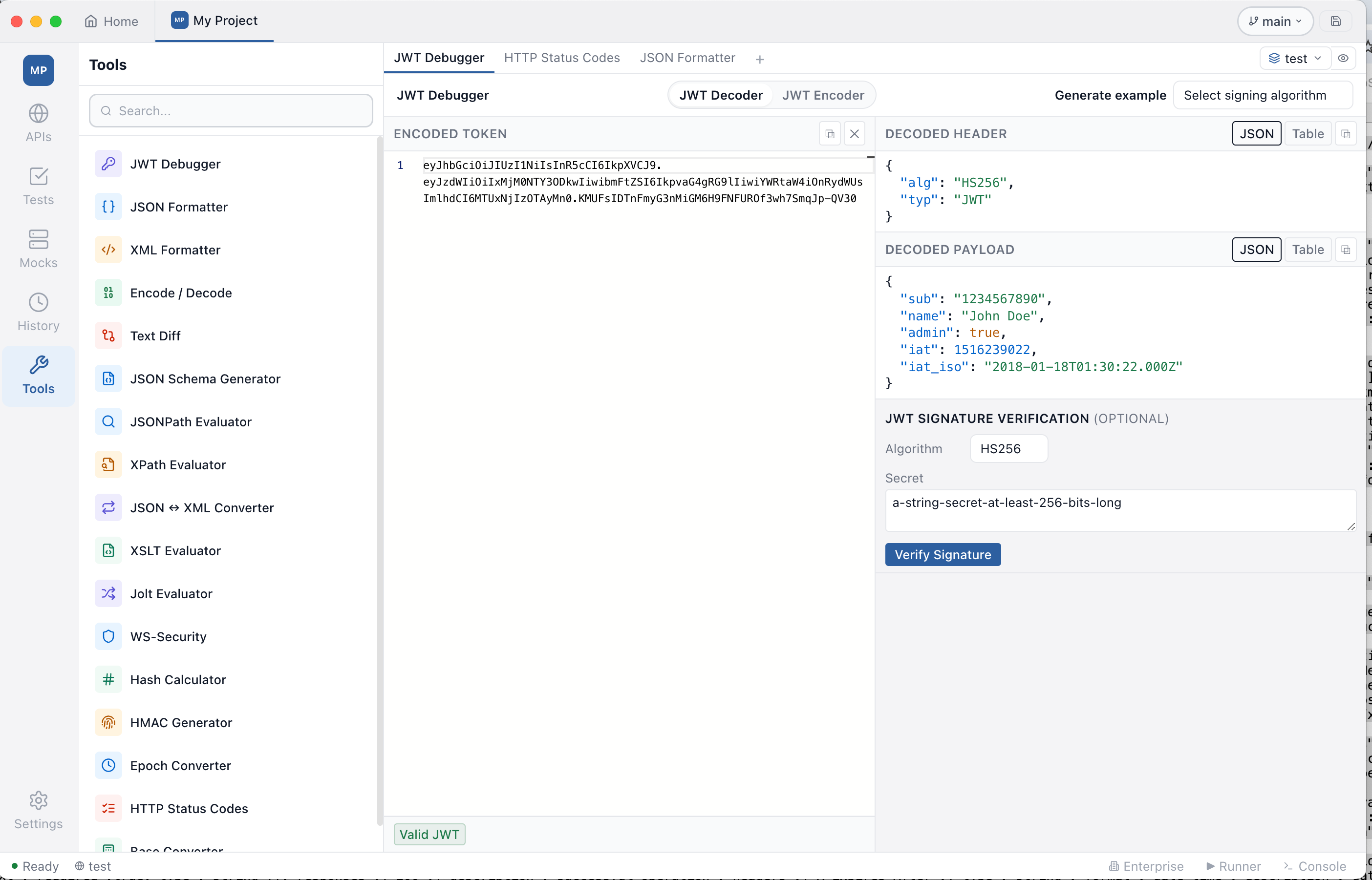 Testnizer tools workbench — JWT debugger with decoder/encoder, hash and HMAC calculators, epoch converter, HTTP status codes, and more
